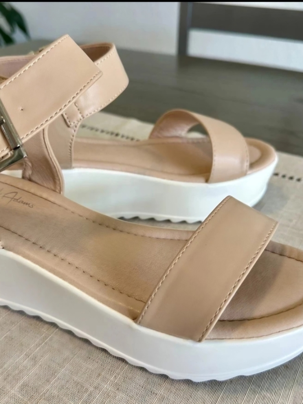 Women's Neutral Beige Platform Sandals with White Sole - Strappy Ankle Buckle